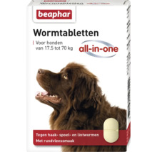 Beaphar wormtabletten all-in-one voor honden van 17,5 tot 70 kilogram tegen haak-, spoel- en lintwormen met rundvleessmaak.