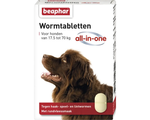 Beaphar wormtabletten all-in-one voor honden van 17,5 tot 70 kilogram tegen haak-, spoel- en lintwormen met rundvleessmaak.