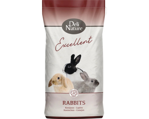Deli Nature Excellent konijnenvoer, verpakking met drie konijnen en symbolen voor vitaliteit, conditie en energie.