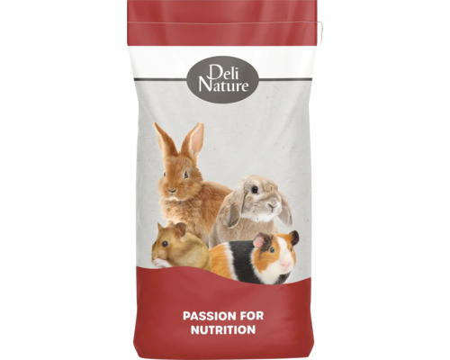 Deli Nature zak met voer voor kleine dieren met afbeeldingen van konijnen, cavia's en hamsters.