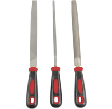 Drie vijlen met handgrepen voor metaalbewerking