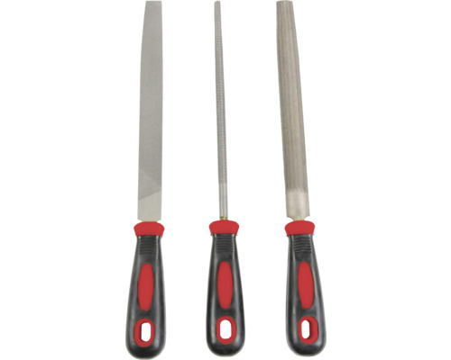 Drie vijlen met handgrepen voor metaalbewerking