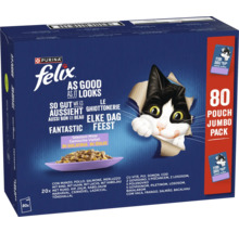 Purina Felix kattenvoer natvoer Elke Dag Feest Jumbo Pack, gemengde variatie in gelei, 80 maaltijdzakjes.