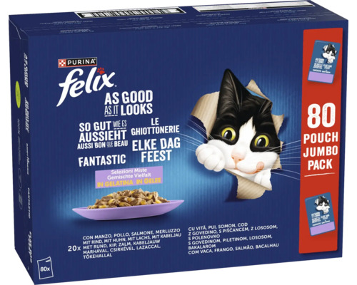 Purina Felix kattenvoer natvoer Elke Dag Feest Jumbo Pack, gemengde variatie in gelei, 80 maaltijdzakjes.