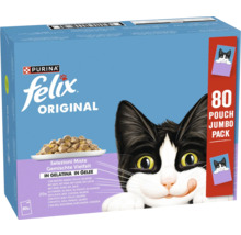 Purina Felix Original kattenvoer gemengde selectie in gelei, jumboverpakking met 80 zakjes.