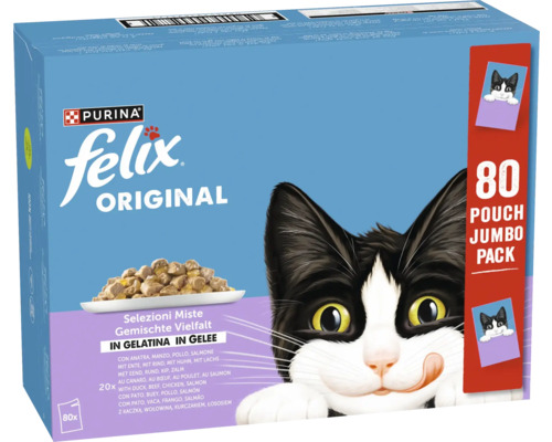 Purina Felix Original kattenvoer gemengde selectie in gelei, jumboverpakking met 80 zakjes.