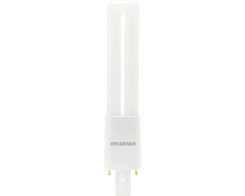 Witte Sylvania compacte fluorescentielamp in U-vorm met twee buizen en een voet met twee pinnen.