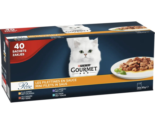 Purina Gourmet Perle kattenvoer Mini Filets in Saus, voordeelverpakking met 40 zakjes van 85 gram, diverse smaken vlees en vis.