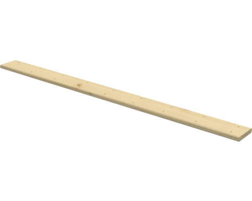 Lange houten plank van licht hout met voorgeboorde gaten.