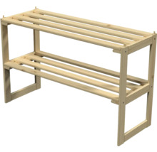 Houten schoenenrek met twee niveaus en lattenbodems.