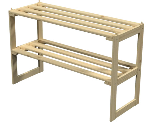 Houten schoenenrek met twee niveaus en lattenbodems.