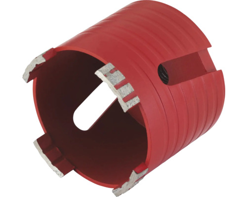 Diamantgatenzaag in het rood met gesegmenteerde snijkanten voor boren in steen en beton.