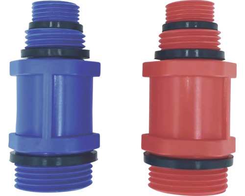 VEPORIT Plugstoppen rood/blauw 10 stuks Twee kunststof aansluitstukken voor verdelers, blauw en rood, met buitendraad en rubberen afdichtingen.