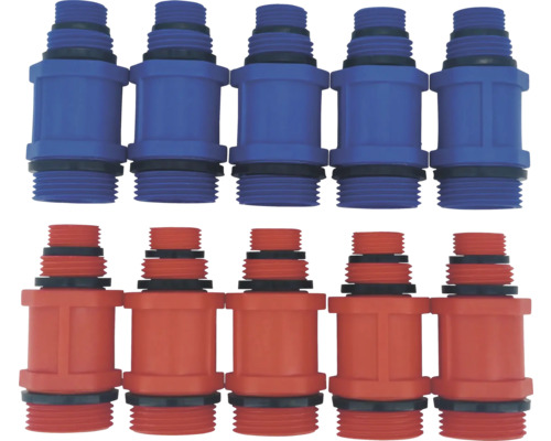 Set van 10 kunststof slangkoppelingen, vijf blauw en vijf rood, met schroefdraad en zwarte afdichtingsringen.