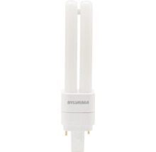Sylvania compacte fluorescentielamp met twee parallelle glazen buizen en een tweepuntsvoet.
