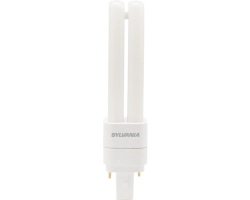 Sylvania compacte fluorescentielamp met twee parallelle glazen buizen en een tweepuntsvoet.