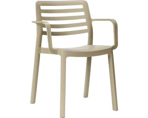 Stapelstoel Wind kunststof zand Beige tuinstoel van kunststof met armleuningen en een rugleuning met lamellen.