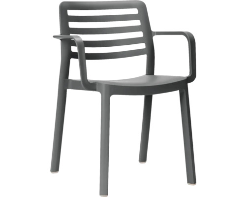 Stapelstoel Wind kunststof antraciet Antracietkleurige stapelbare tuinstoel van kunststof met armleuningen en horizontale latten in de rugleuning.