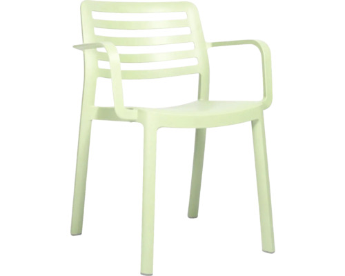 Stapelstoel Wind kunststof groen Stapelbare tuinstoel van kunststof met armleuningen en een lattenrugleuning.