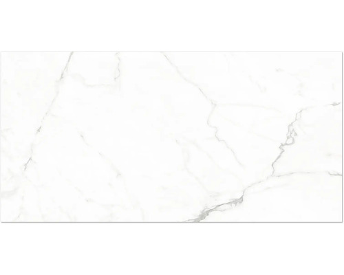 Witte tegel met marmerlook en grijze aders.