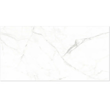 Witte keramische tegel met marmerlook en grijze aders.