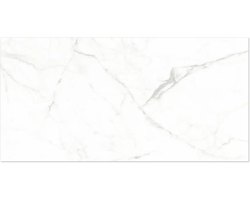 Witte keramische tegel met marmerlook en grijze aders.