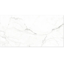 Keramische tegel met marmerlook en grijze aders.