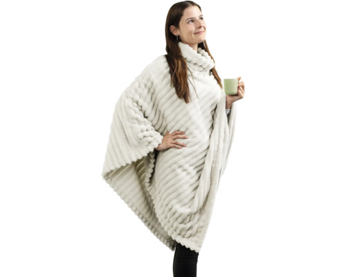 Witte, zachte poncho van gestructureerd pluche met een hoge kraag.