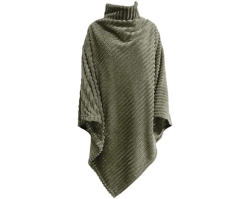Groene poncho met col en ribstructuur.