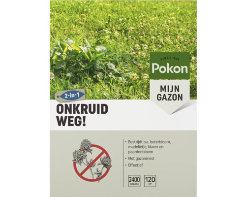 Pokon Onkruid Weg 2-in-1 gazonmest met onkruidbestrijder voor 120 vierkante meter, 2400 gram, bestrijdt onder andere klaver en paardenbloem.
