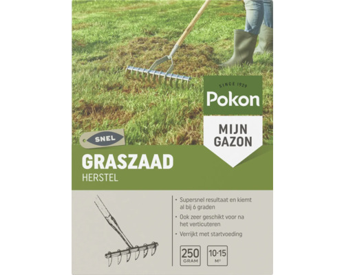 Pokon Graszaad Herstel voor circa 10 tot 15 vierkante meter, 250 gram, kiemt al bij 6 graden, afbeelding van gazon harken, Pokon Logo.