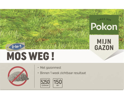 Pokon Mijn Gazon Mos Weg, 2-in-1 mosbestrijder met gazonmest, 5250 gram voor 150 vierkante meter. Zichtbaar resultaat binnen een week. Pokon Logo.