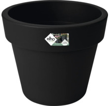 Zwarte ronde Elho bloempot van gerecycled kunststof met brede rand.