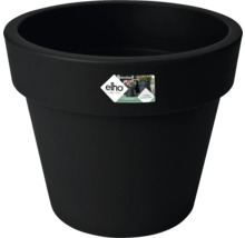 Zwarte ronde kunststof plantenbak van elho, 5 jaar garantie, gemaakt van gerecycled materiaal, elho Logo.