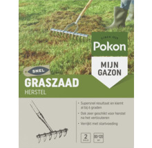 Pokon Graszaad Herstel voor 80 tot 120 vierkante meter, verpakking met afbeelding van verticuteren van het gazon en Pokon Logo.