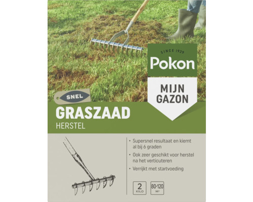 Pokon Graszaad Herstel voor 80 tot 120 vierkante meter, verpakking met afbeelding van verticuteren van het gazon en Pokon Logo.