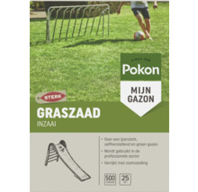 Pokon Graszaad Inzaai voor 25 vierkante meter, 500 gram verpakking voor een sterk gazon met afbeelding van een voetbaldoel en glijbaan.
