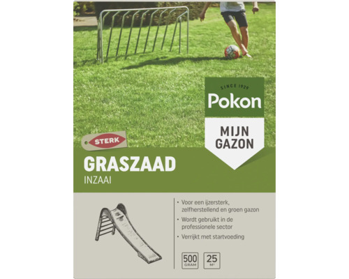 Pokon Graszaad Inzaai voor 25 vierkante meter, 500 gram verpakking voor een sterk gazon met afbeelding van een voetbaldoel en glijbaan.