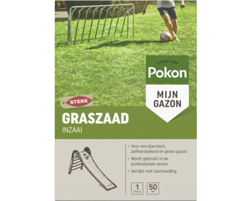 Pokon Graszaad Inzaai, een kilogram voor 50 vierkante meter, voor een sterk en zelfherstellend gazon.