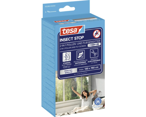 tesa Insect Stop 2-in-1 pollen- en vliegenhor Premium voor ramen, kleur antraciet, verwijderbaar zonder resten, maximaal 130 bij 150 centimeter.