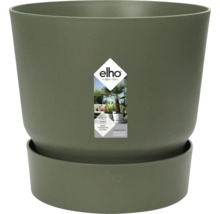 Ronde, groene elho bloempot van gerecycled kunststof met schotel en eenvoudig bewateringssysteem.