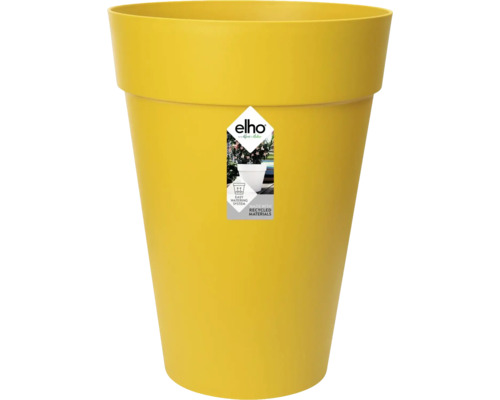 Gele hoge Elho plantenpot van gerecycled kunststof met geïntegreerd bewateringssysteem.