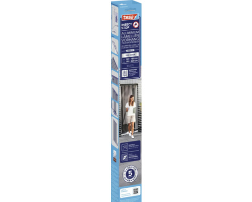 tesa Insect Stop Premium aluminium lamellengordijn voor deuren, telescopisch tot 95 bij 220 centimeter, antraciet, montage zonder boren, tesa Logo.