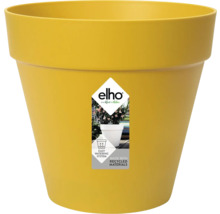 Gele kunststof bloempot van elho, rond en conisch, van gerecycled materiaal met eenvoudig bewateringssysteem.