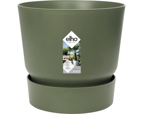 Elho bloempot met geïntegreerde schotel, olijfgroen, gemaakt van gerecycled kunststof, met eenvoudig bewateringssysteem.
