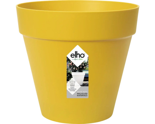 elho Logo op een ronde bloempot van kunststof met een eenvoudig bewateringssysteem, gemaakt van gerecycled materiaal.