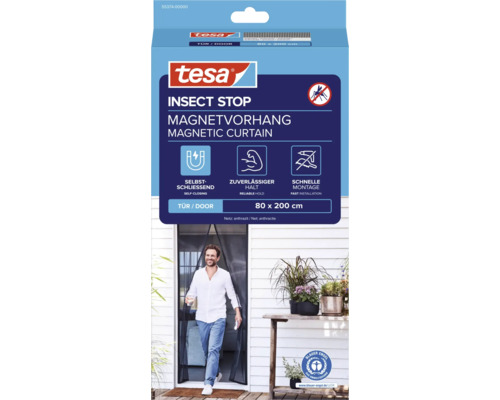 tesa Insect Stop magnetisch gordijn voor deuren in antraciet, 80 bij 200 centimeter, zelfsluitend met Blauwe Engel milieukeurmerk.