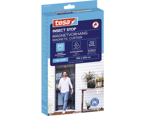 tesa Insect Stop magnetisch gordijn voor deuren, 100 bij 220 centimeter, zelfsluitend, snelle montage, tesa Logo, Blauer Engel milieukeurmerk.