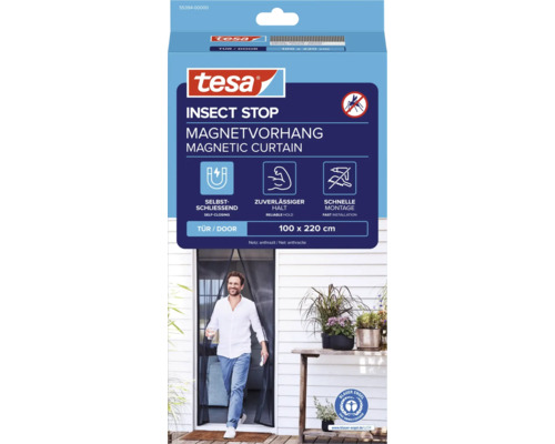 tesa Insect Stop magnetisch gordijn voor deuren, 100 bij 220 centimeter, antraciet net, zelfsluitend.