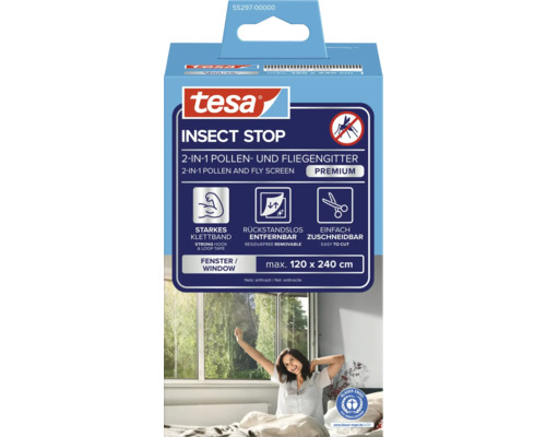 tesa Insect Stop Premium 2 in 1 pollen- en insectenhor voor ramen tot maximaal 120 bij 240 centimeter, milieuvriendelijk gecertificeerd.